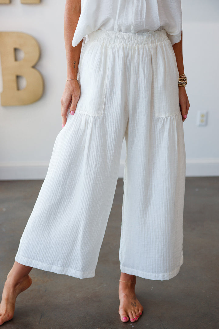 Wide Leg Shirring Detail Pants - White