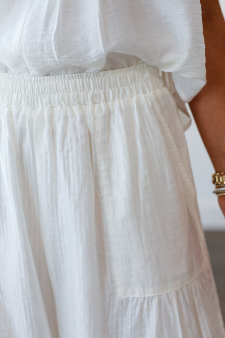 Wide Leg Shirring Detail Pants - White