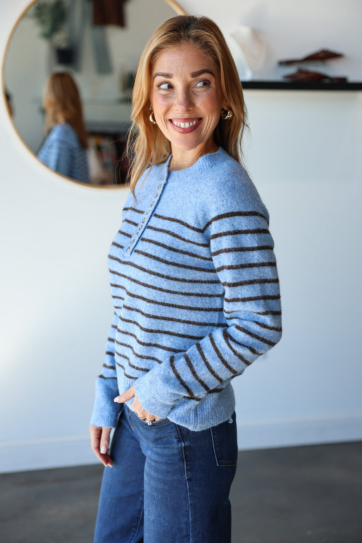 Button Front Striped Sweater - Blue