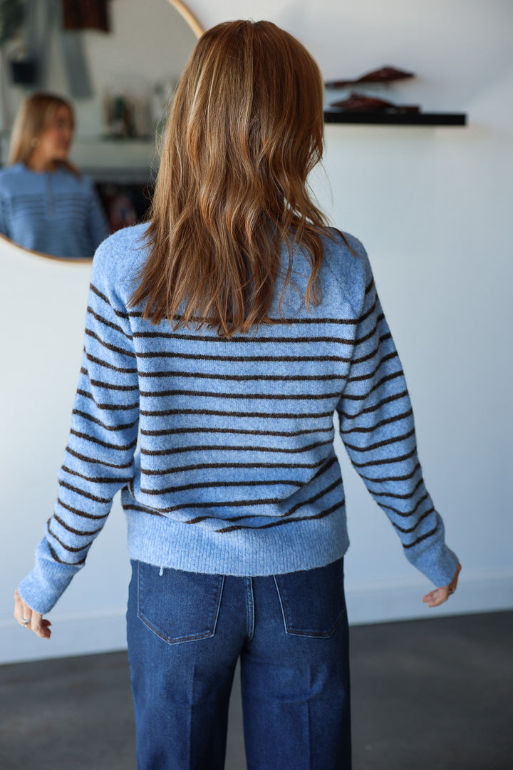 Button Front Striped Sweater - Blue