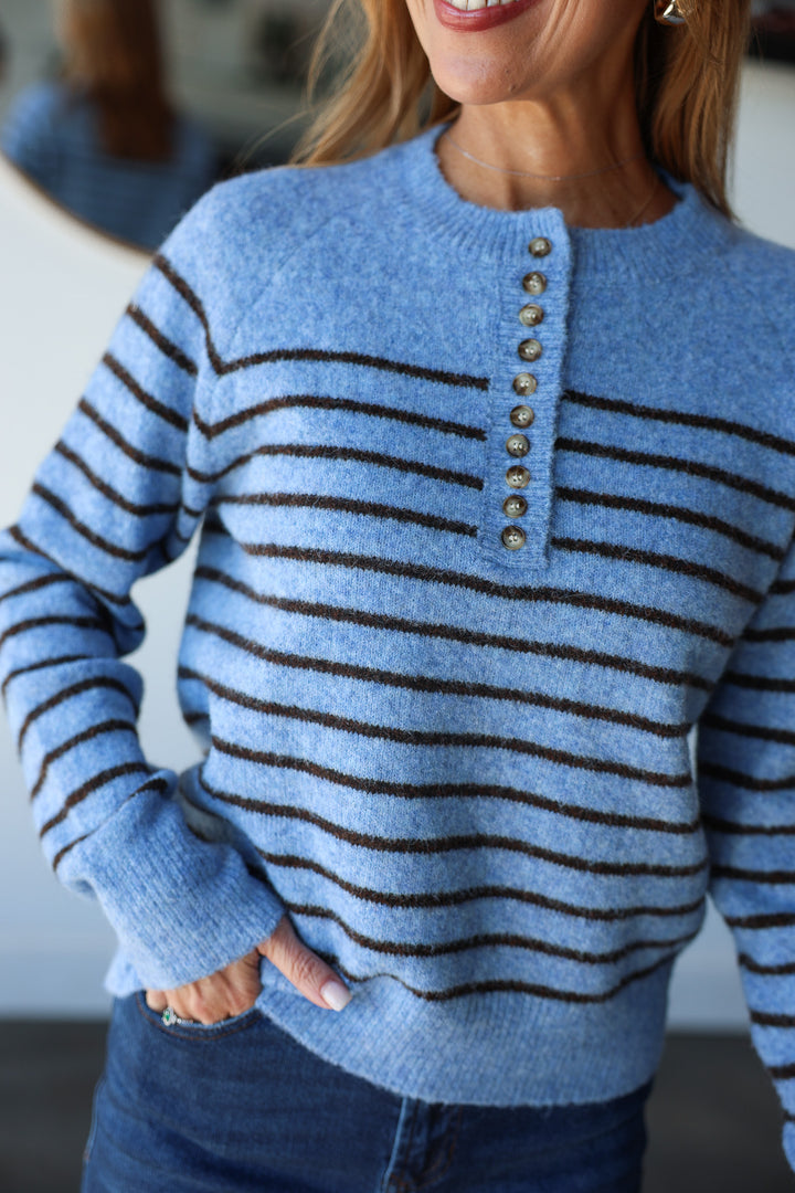Button Front Striped Sweater - Blue