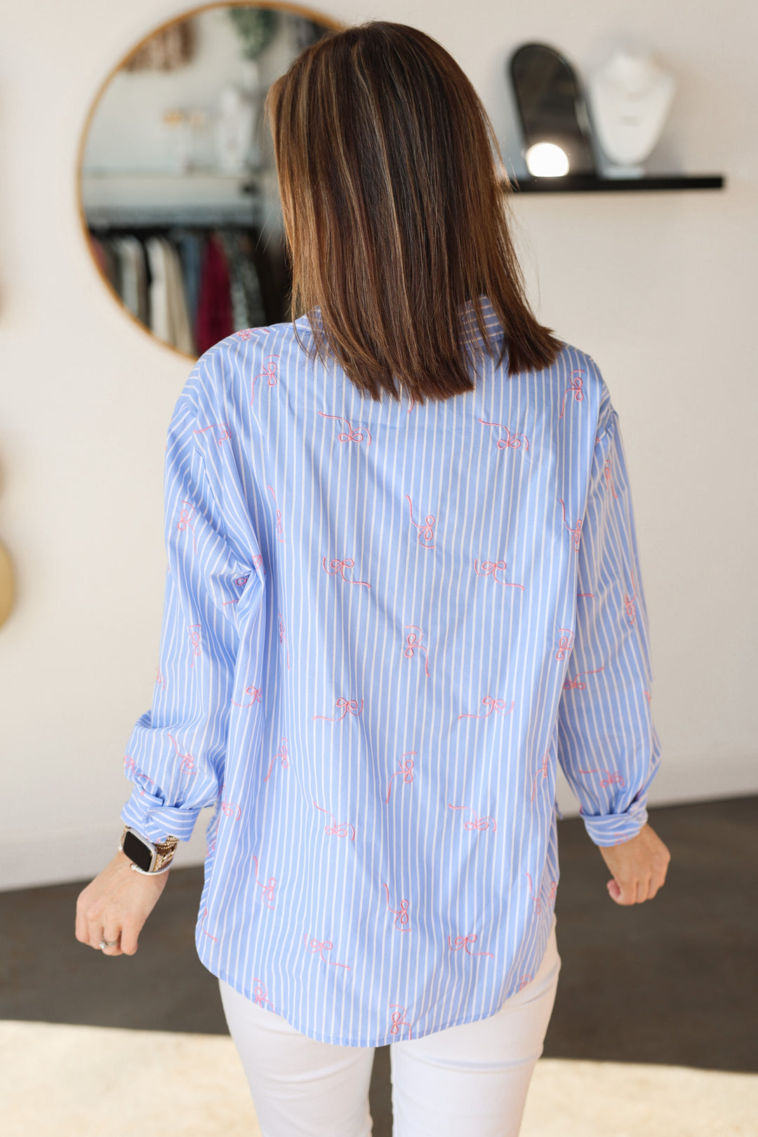 Embroidered Bow Button Down - Blue