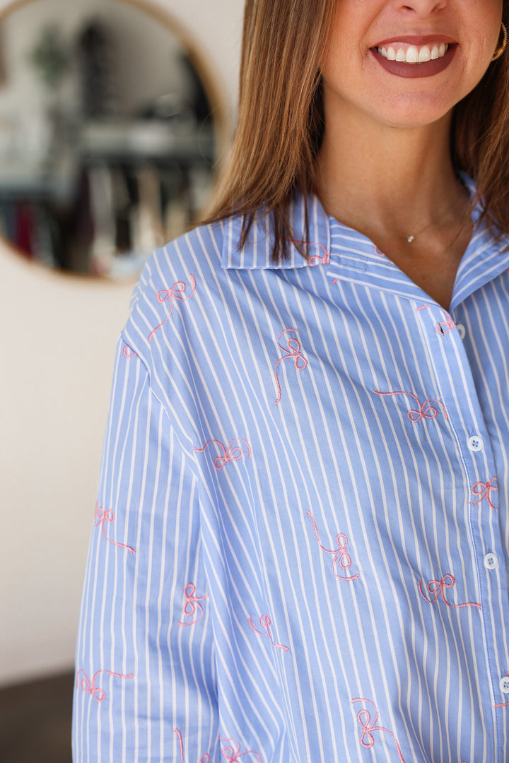 Embroidered Bow Button Down - Blue