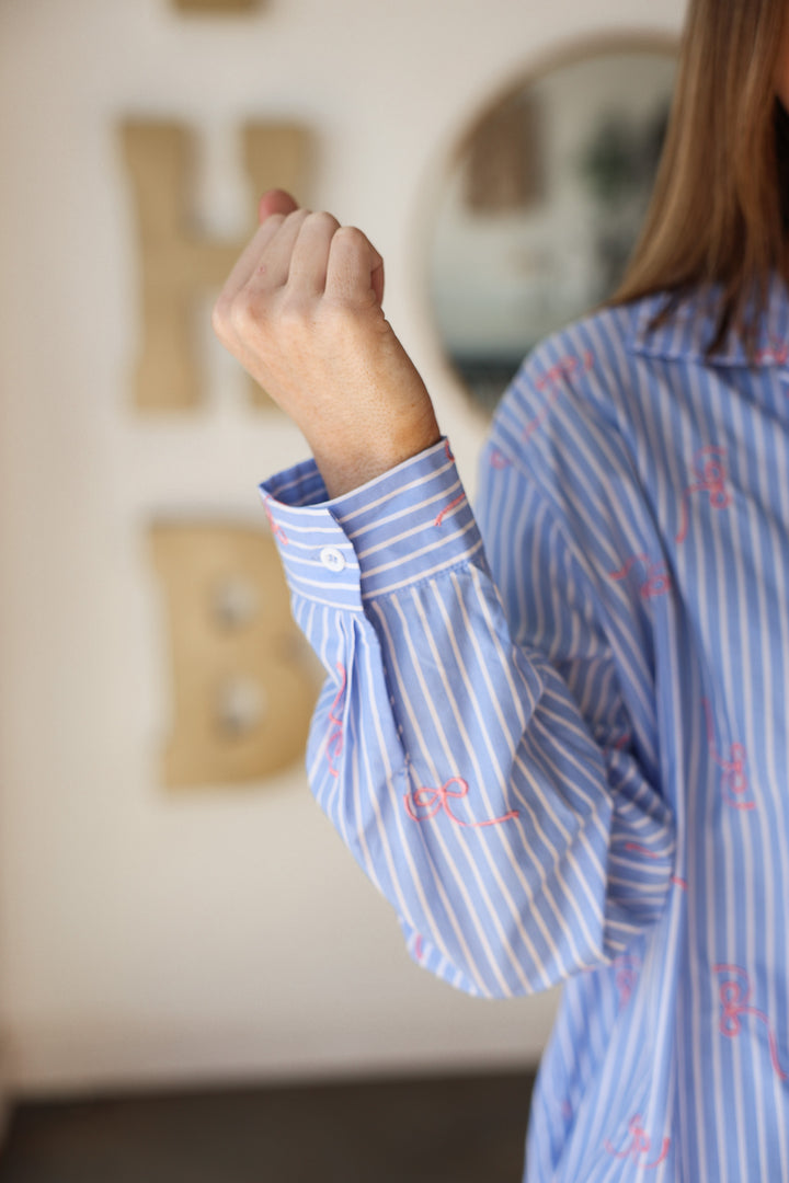 Embroidered Bow Button Down - Blue