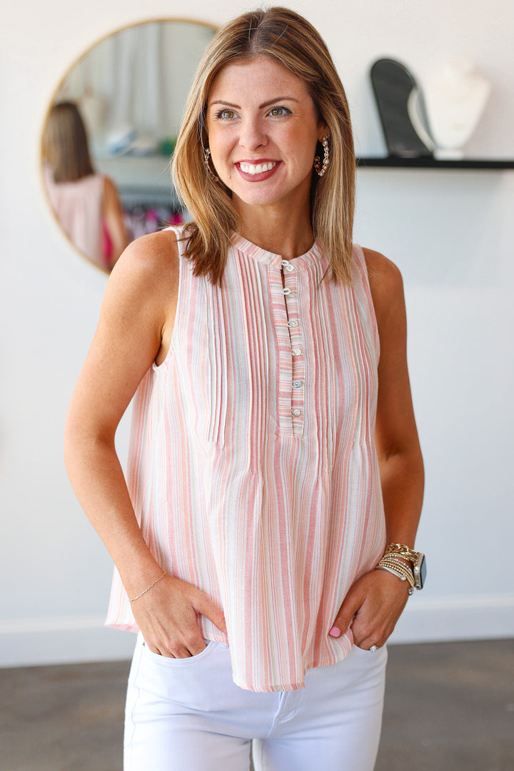 Striped Button Front Top - Peach Pink