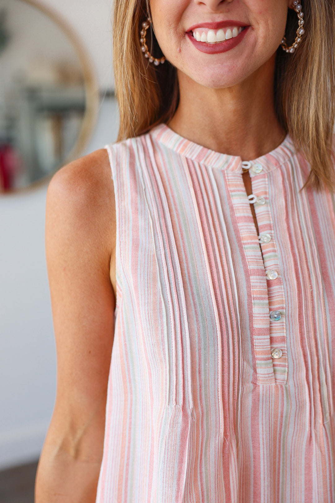 Striped Button Front Top - Peach Pink