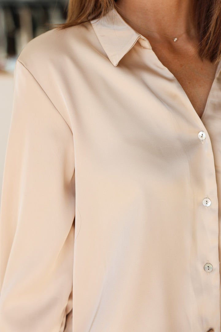 Satin Button Down - Almond