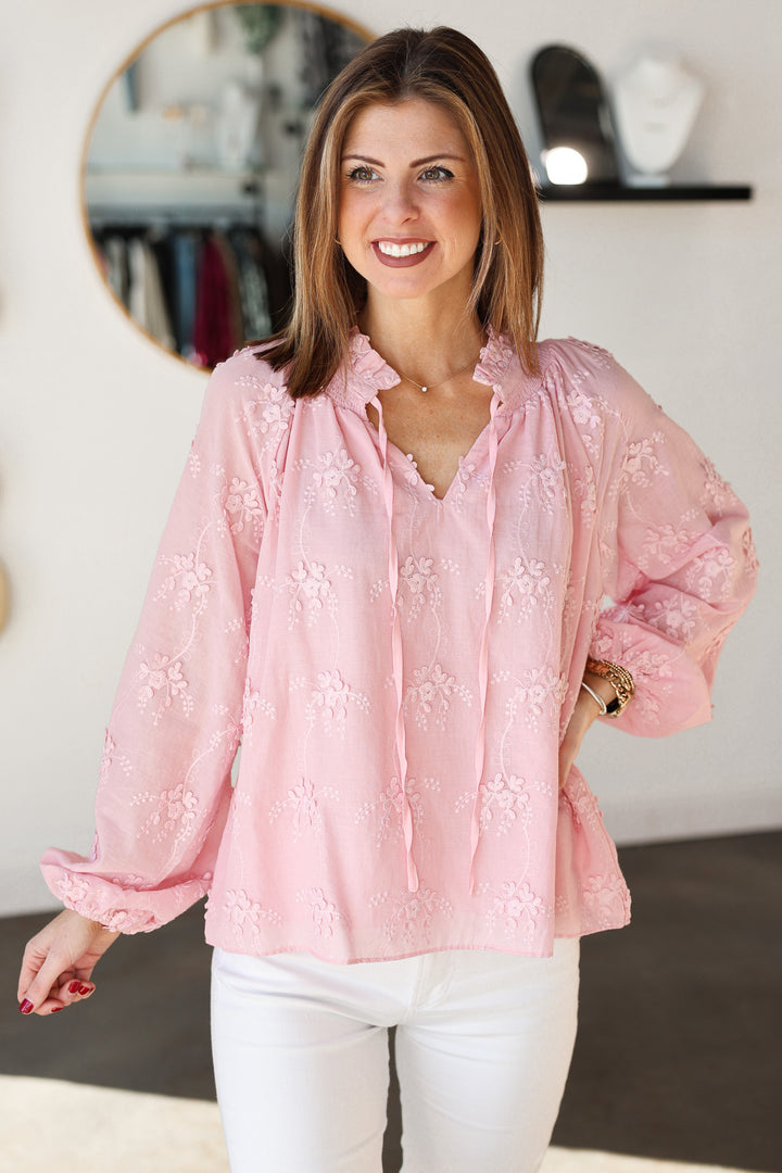 Floral Embroidery Tie Neck Blouse - Pink