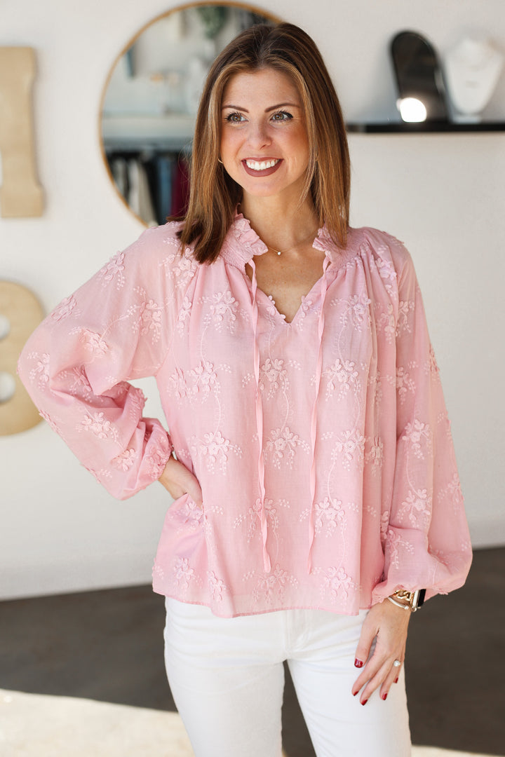 Floral Embroidery Tie Neck Blouse - Pink