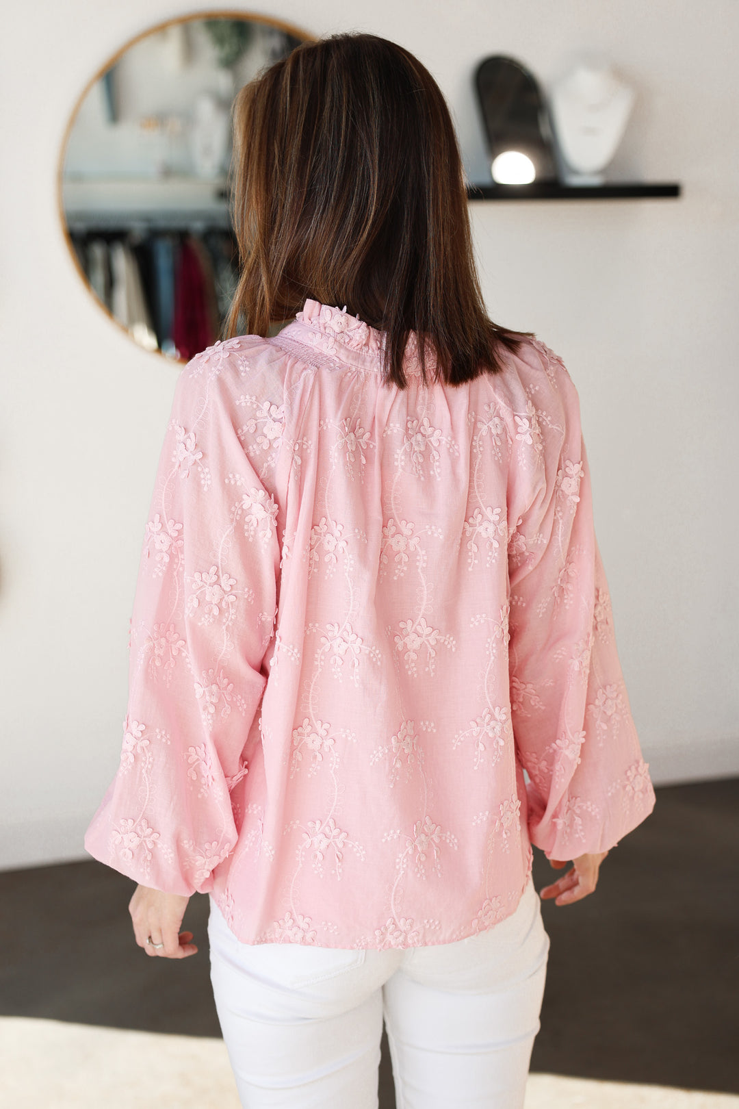 Floral Embroidery Tie Neck Blouse - Pink