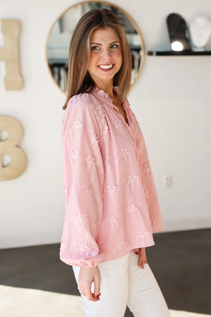 Floral Embroidery Tie Neck Blouse - Pink