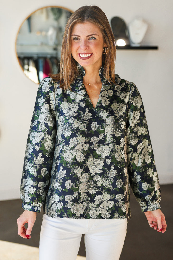 Ruffle Collar Floral Top - Navy/Green