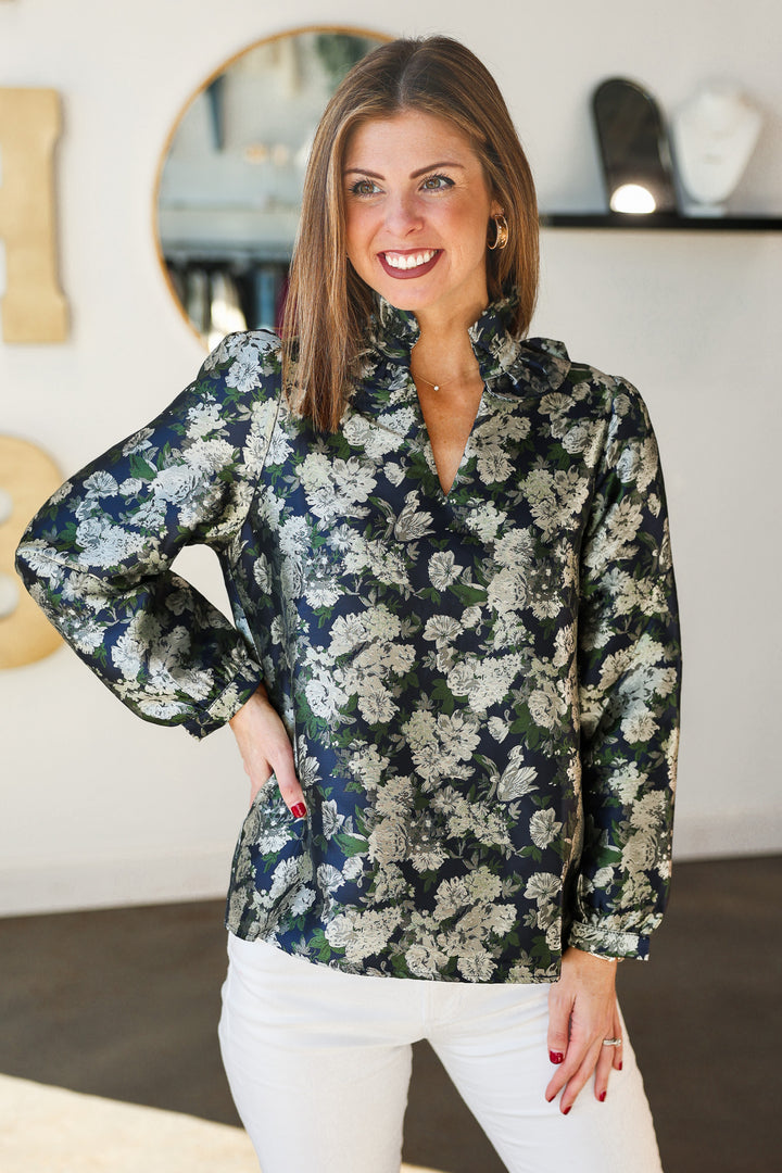 Ruffle Collar Floral Top - Navy/Green