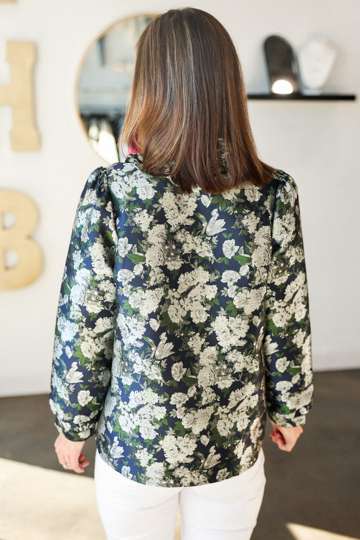 Ruffle Collar Floral Top - Navy/Green