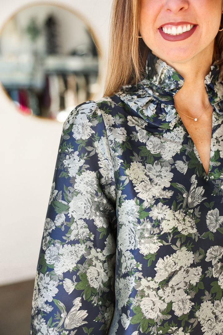 Ruffle Collar Floral Top - Navy/Green