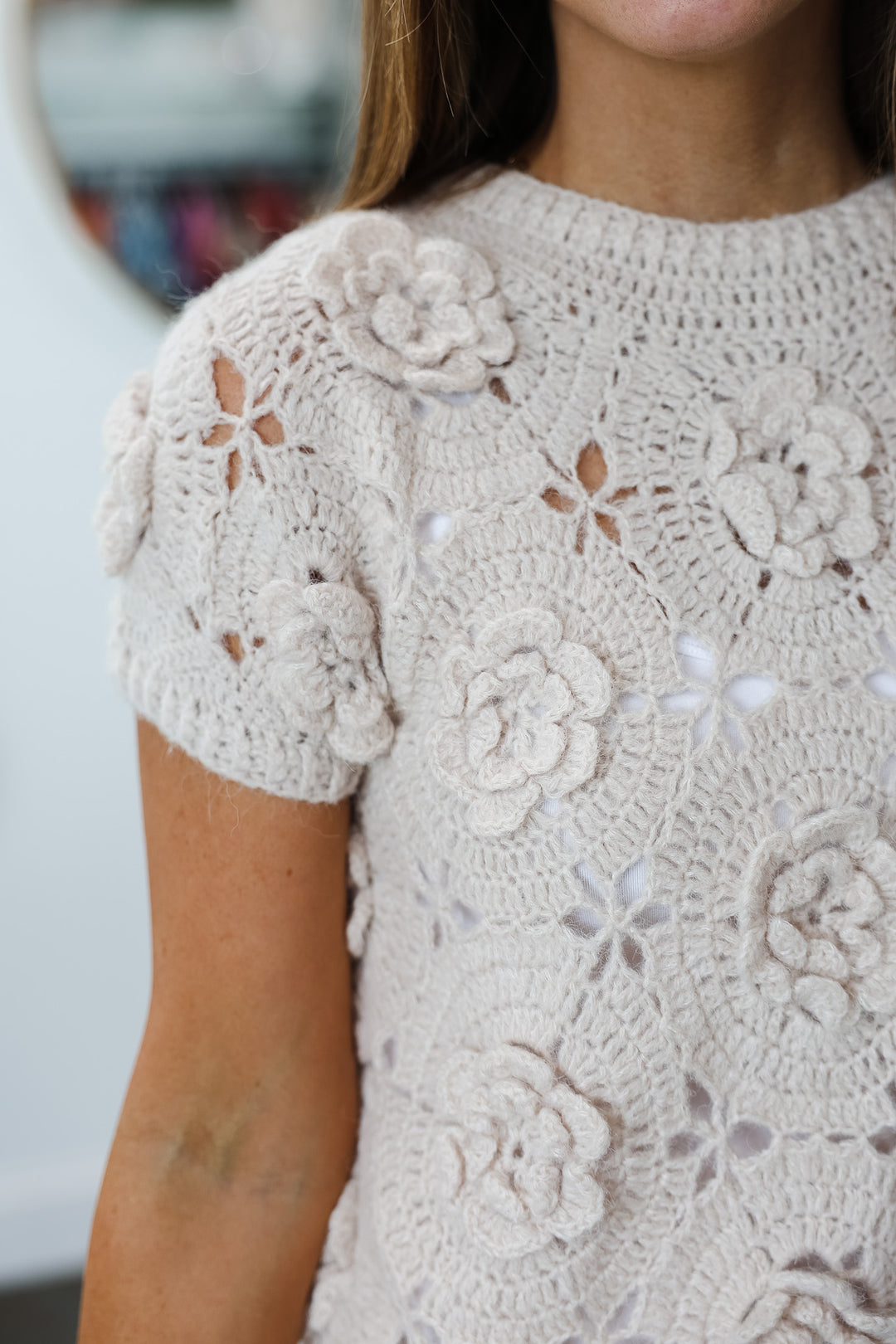 Flower Embroidered Short Sleeve Sweater - Ivory