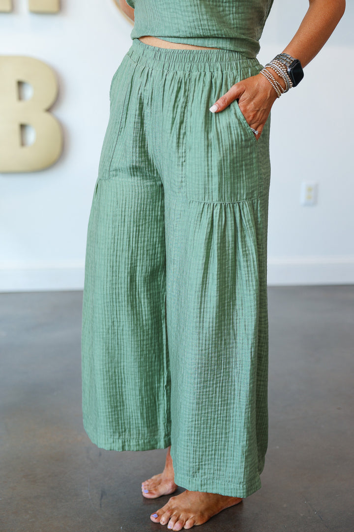 Wide Leg Shirring Detail Pants - Light Sage