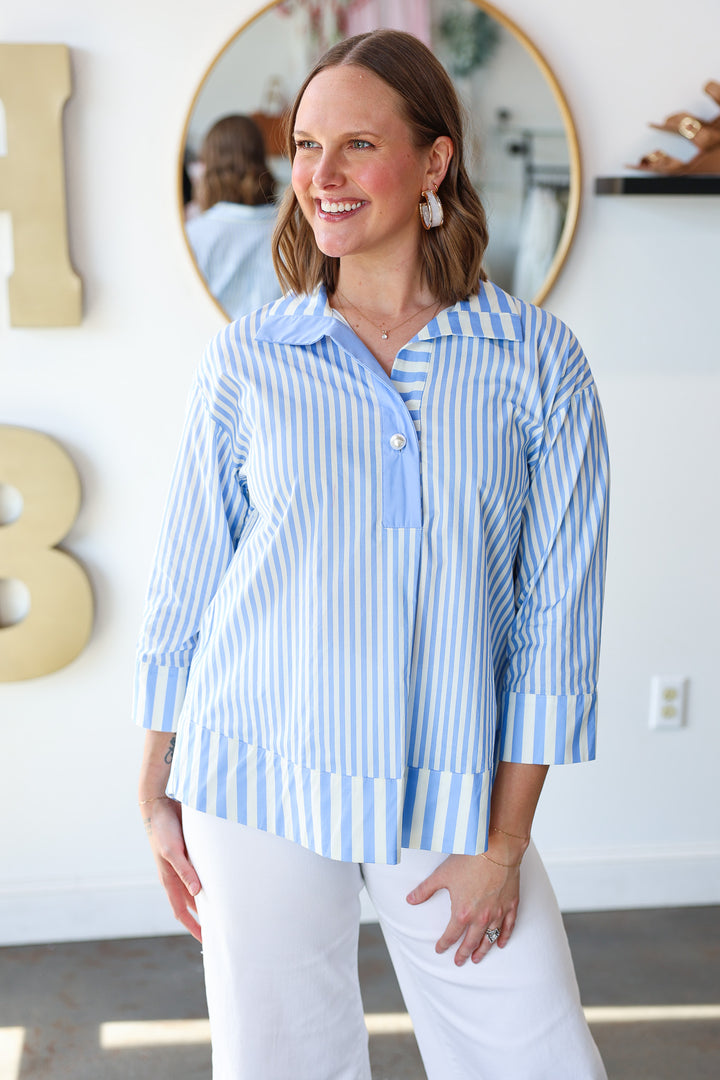 Pearl Button Striped Top - Blue