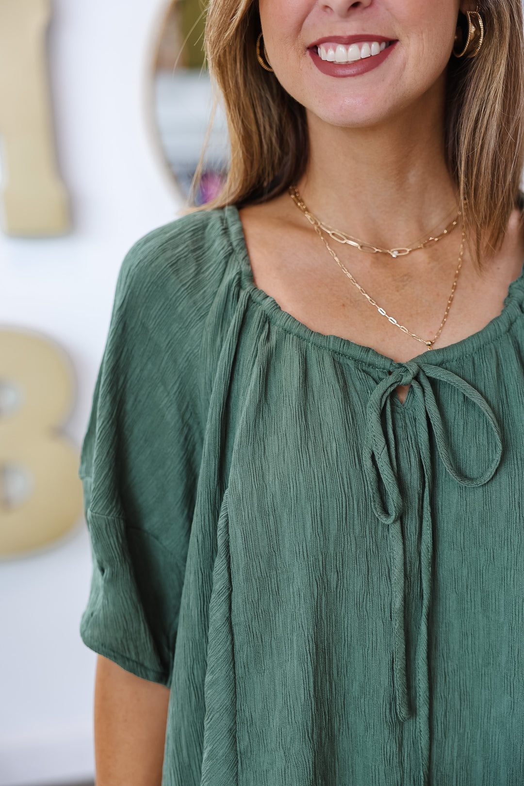 Tie Neck Top - Forest Green