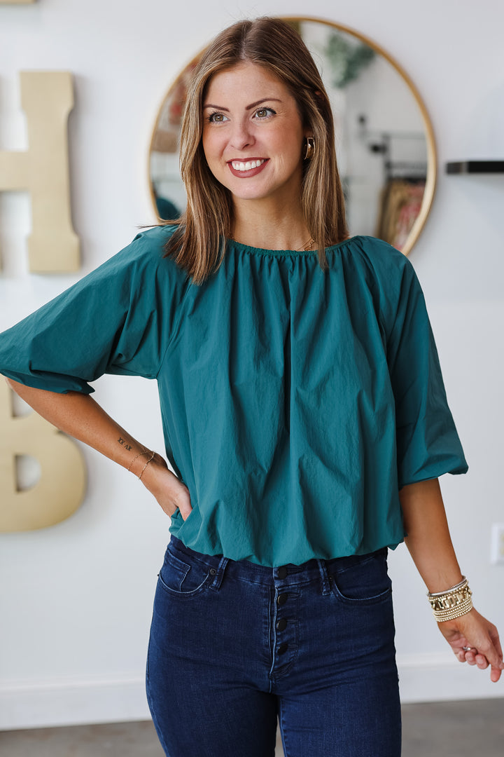 Bubble Sleeve Poplin Top - Teal