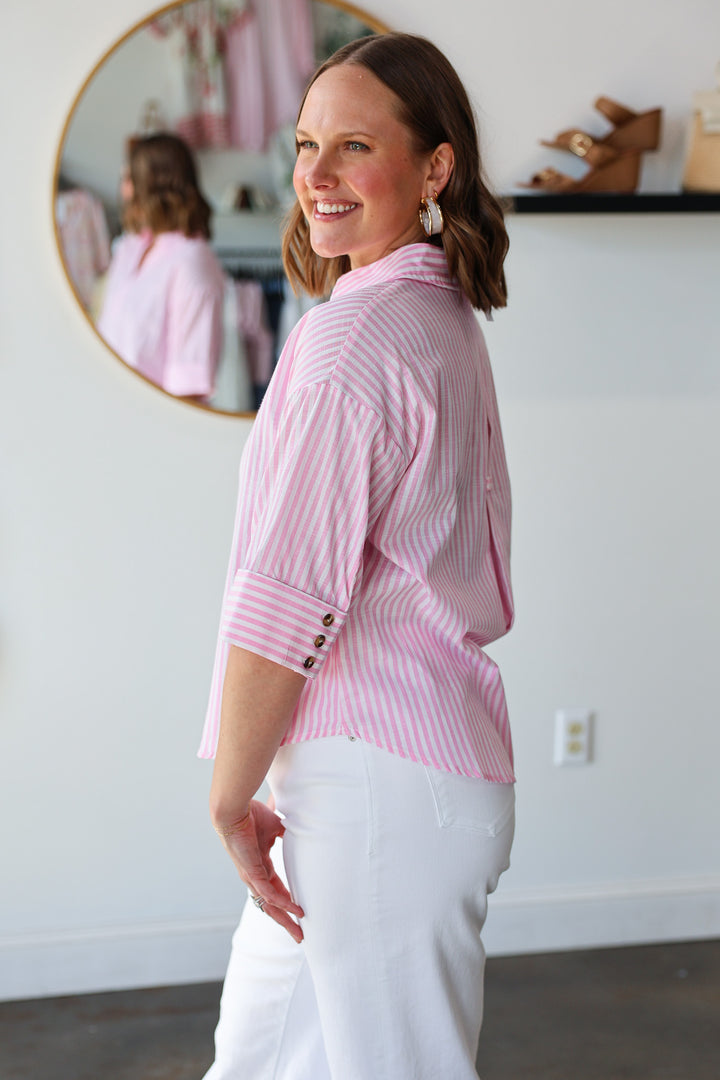 Striped Three Quarter Sleeve Top - Pink