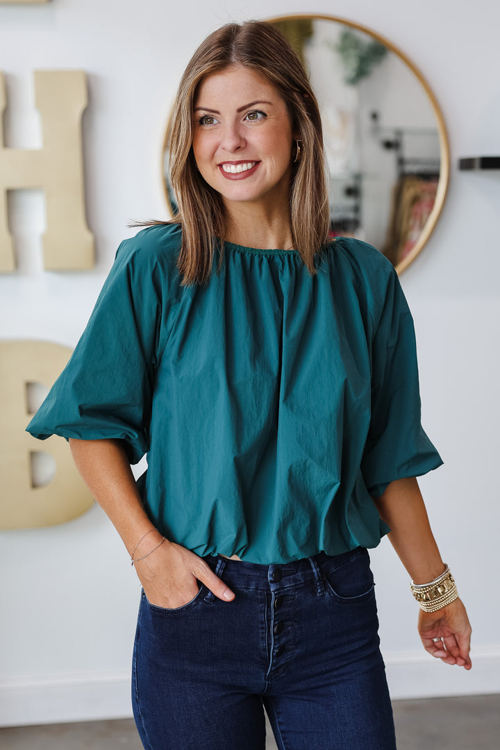 Bubble Sleeve Poplin Top - Teal