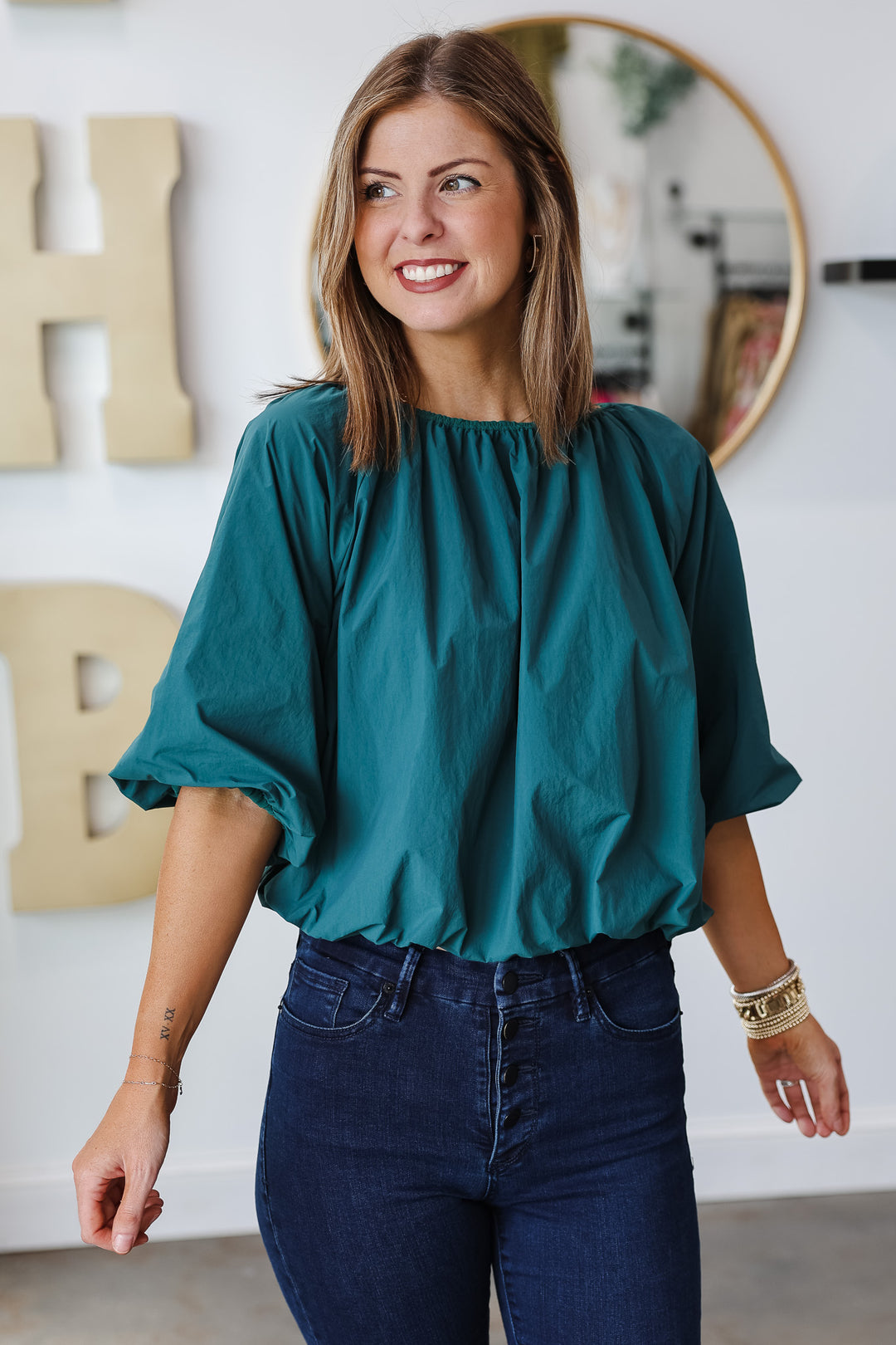 Bubble Sleeve Poplin Top - Teal