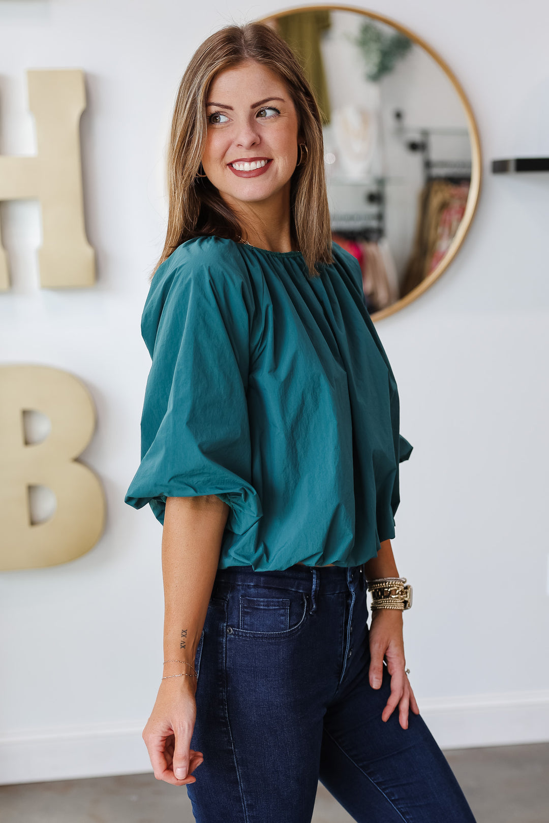 Bubble Sleeve Poplin Top - Teal