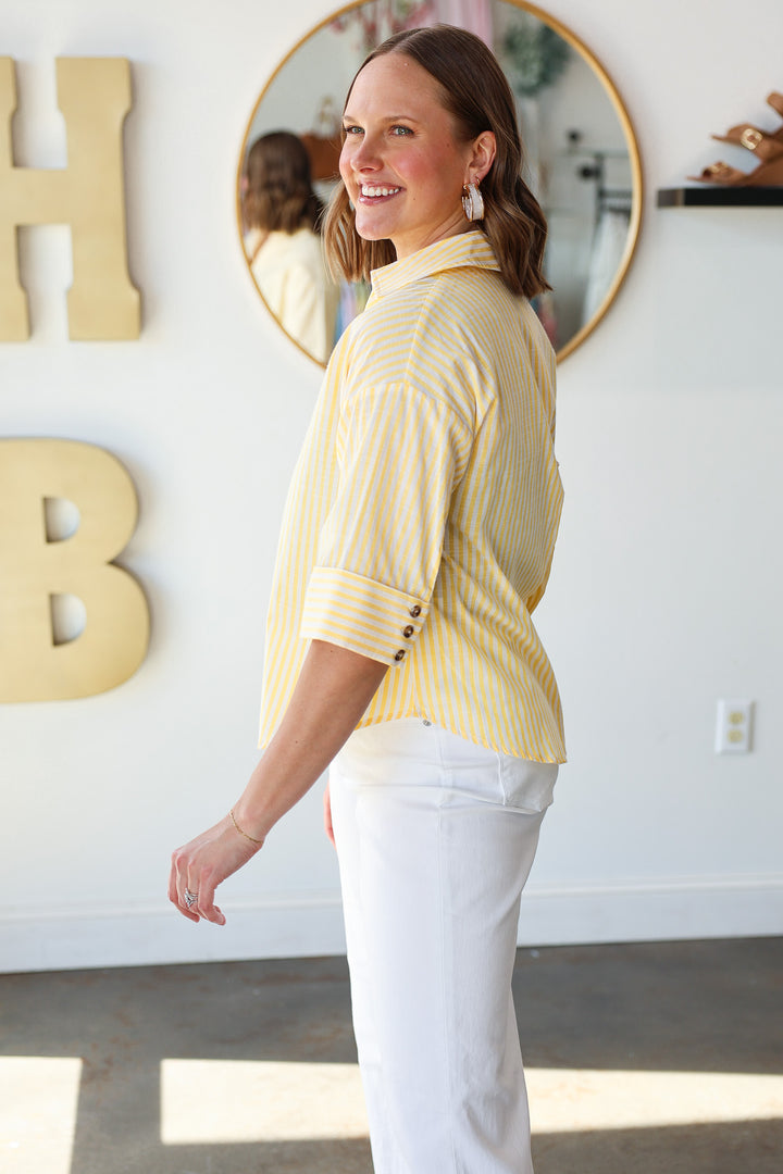 Striped Three Quarter Sleeve Top - Yellow