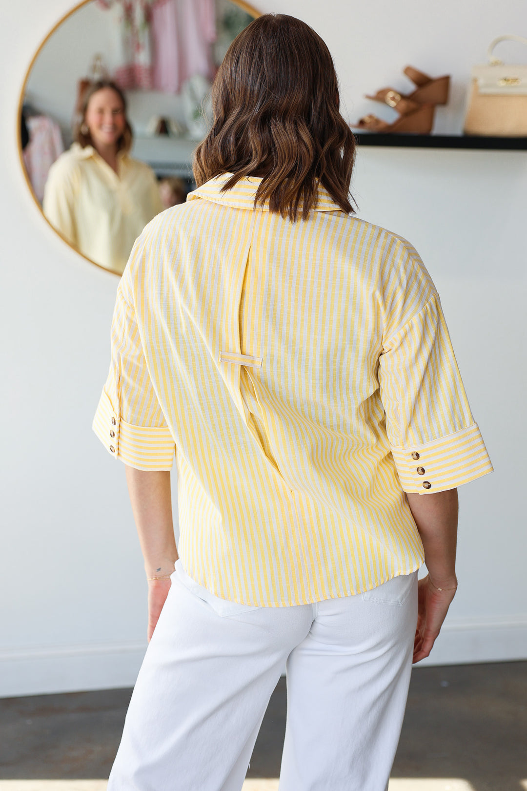 Striped Three Quarter Sleeve Top - Yellow