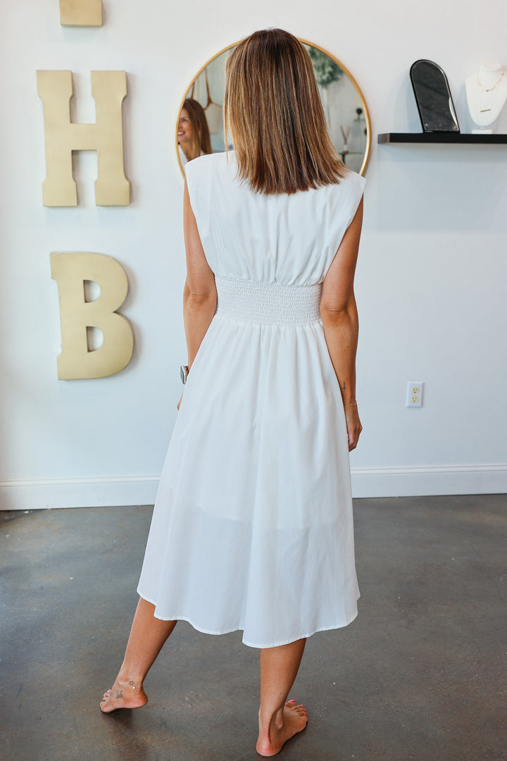 Smocked Waist Midi Dress - White