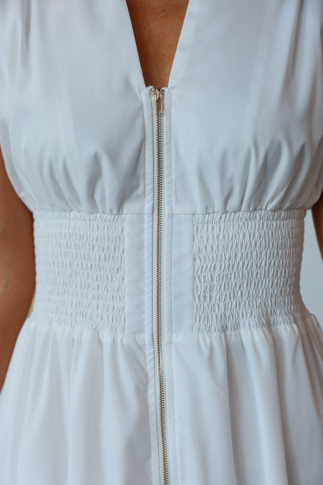 Smocked Waist Midi Dress - White