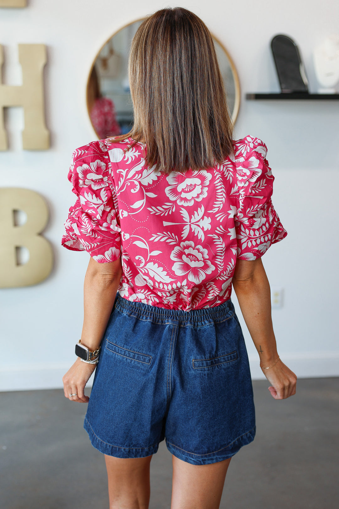 Printed Ruched Sleeve Blouse - Pink