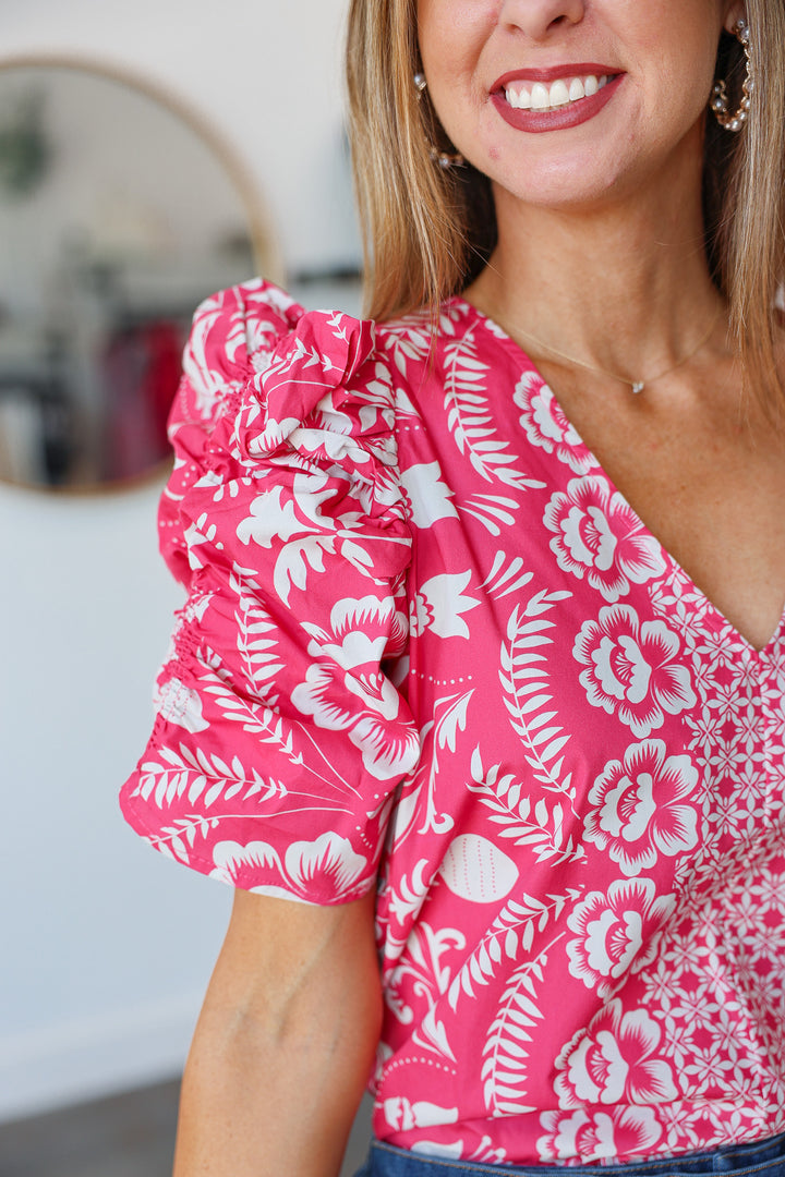 Printed Ruched Sleeve Blouse - Pink