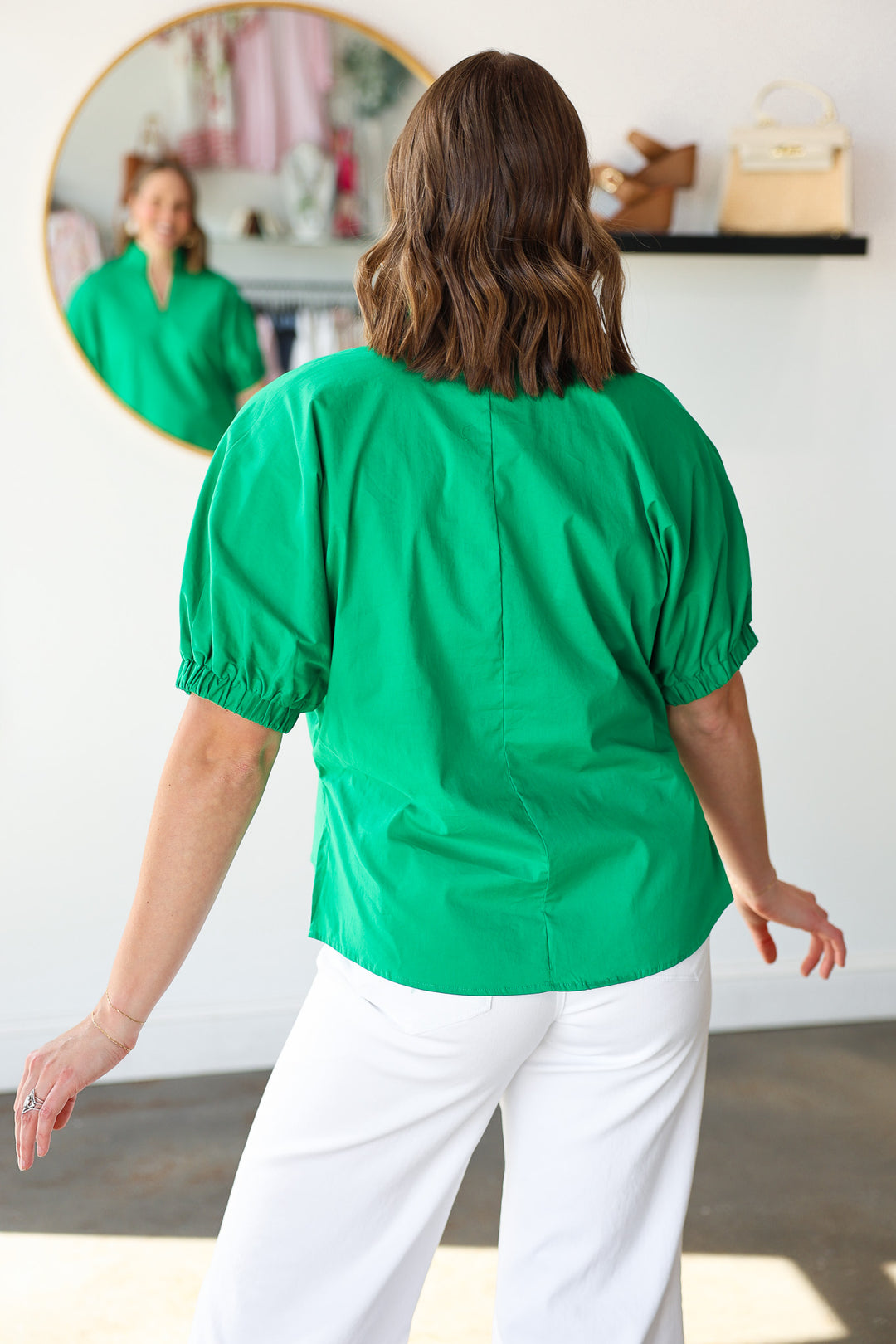 V Neck Relaxed Poplin Top - Green