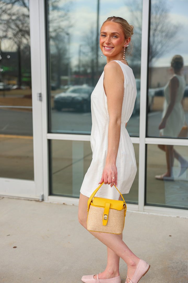 Genuine Italian Leather + Rattan Bag - Yellow