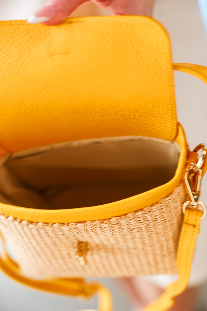 Genuine Italian Leather + Rattan Bag - Yellow