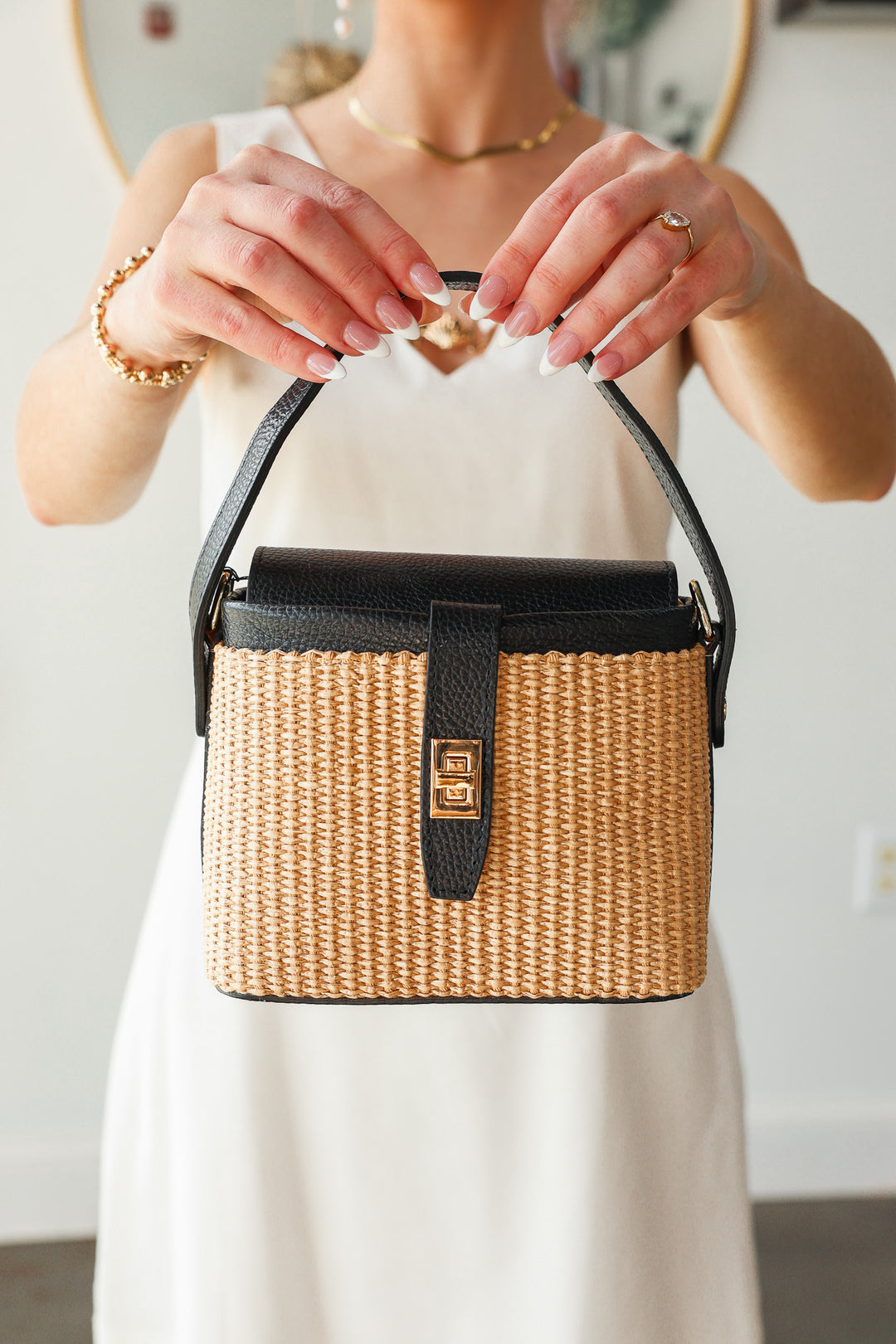 Genuine Italian Leather + Rattan Bag - Black