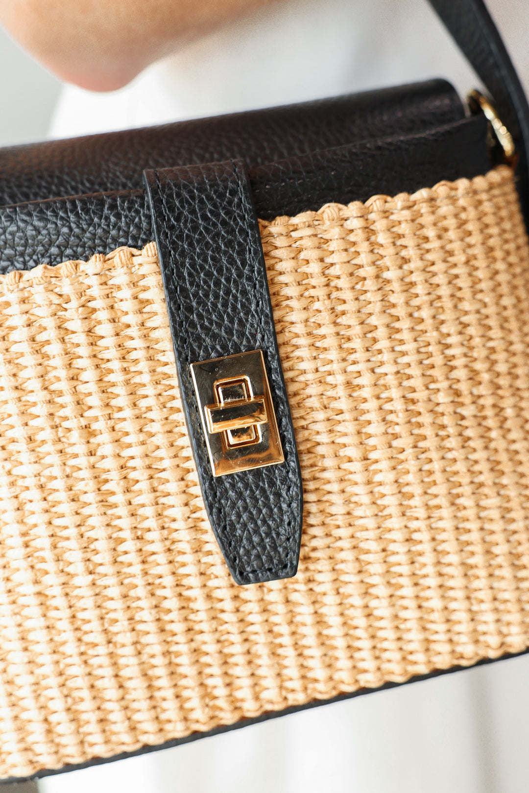 Genuine Italian Leather + Rattan Bag - Black