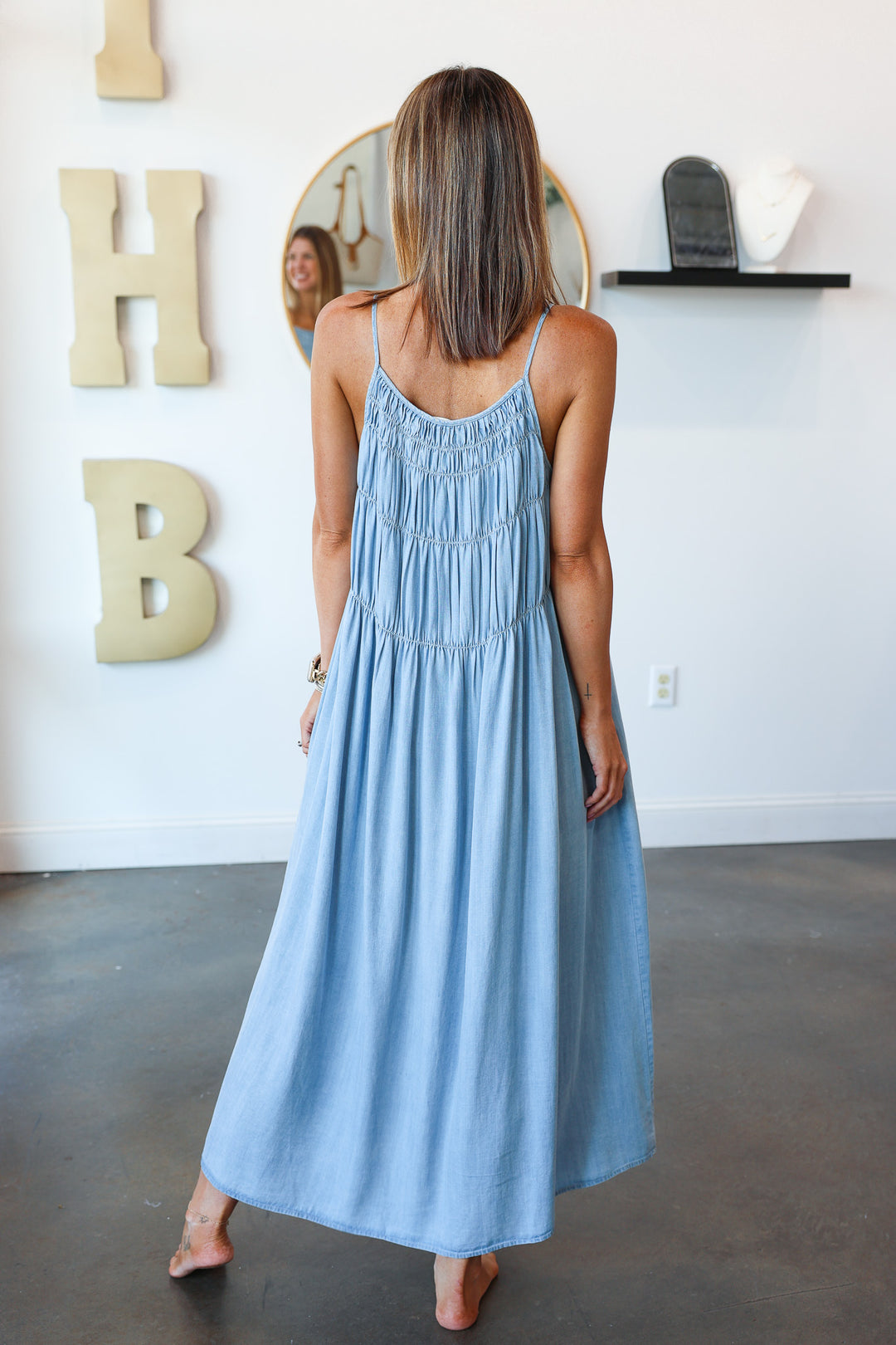 Ruched Detail Maxi Dress - Light Wash