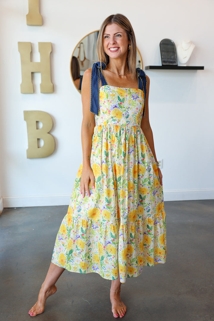 Denim Tie Shoulder Floral Maxi