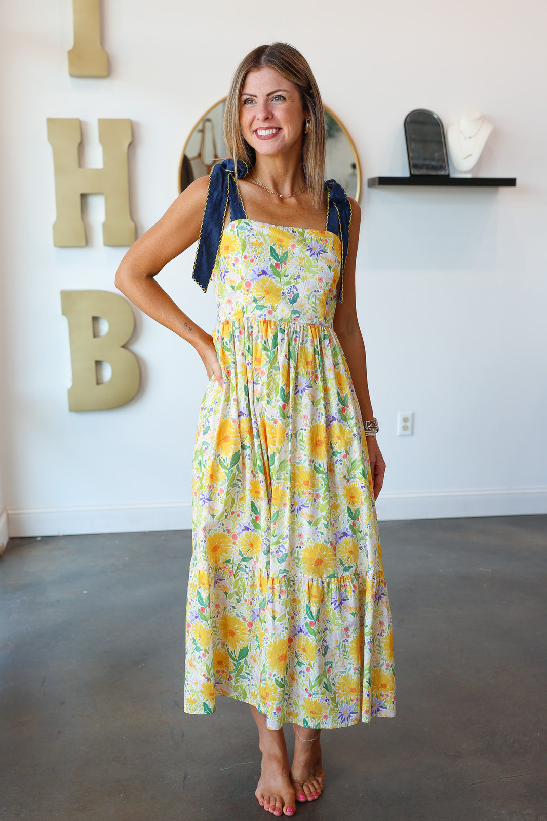 Denim Tie Shoulder Floral Maxi