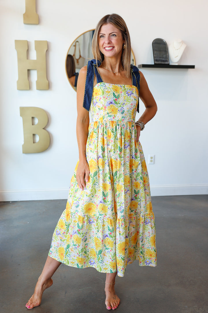 Denim Tie Shoulder Floral Maxi