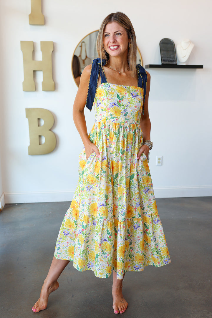 Denim Tie Shoulder Floral Maxi