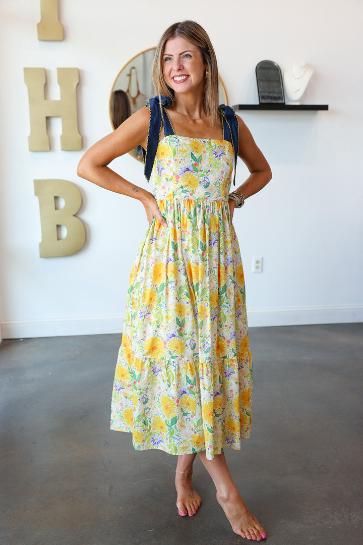 Denim Tie Shoulder Floral Maxi