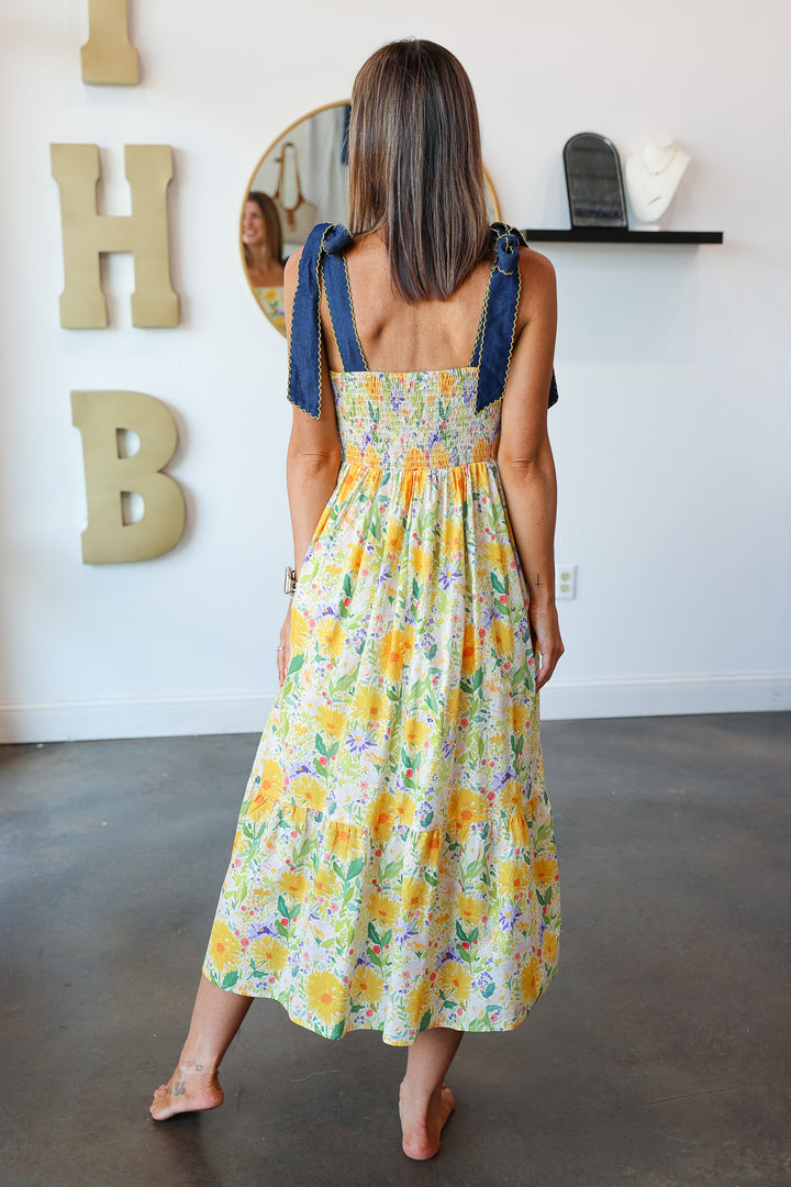 Denim Tie Shoulder Floral Maxi