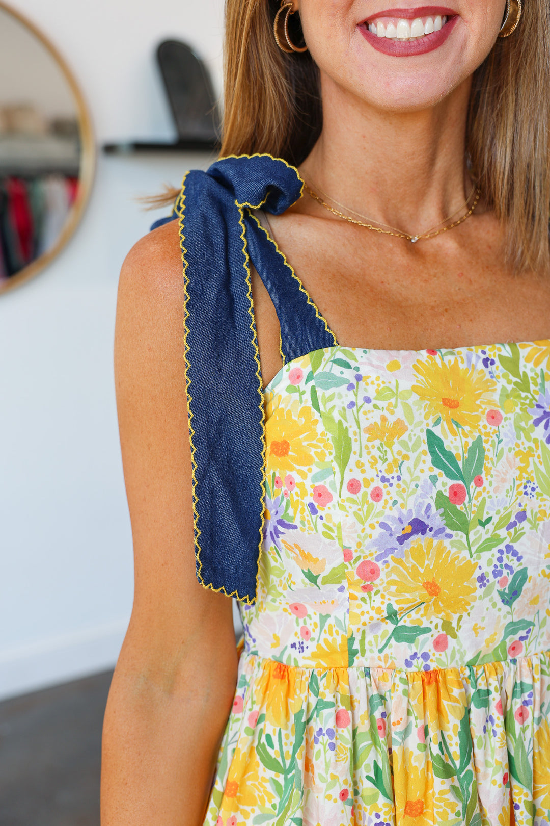 Denim Tie Shoulder Floral Maxi