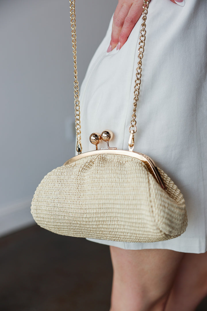 Genuine Italian Leather Raffia Clutch + Crossbody - Beige