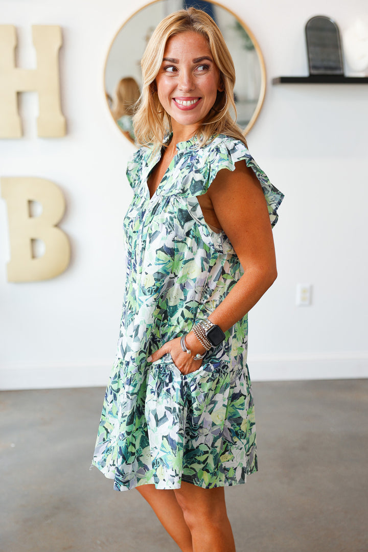 Flutter Sleeve Floral Dress - Green