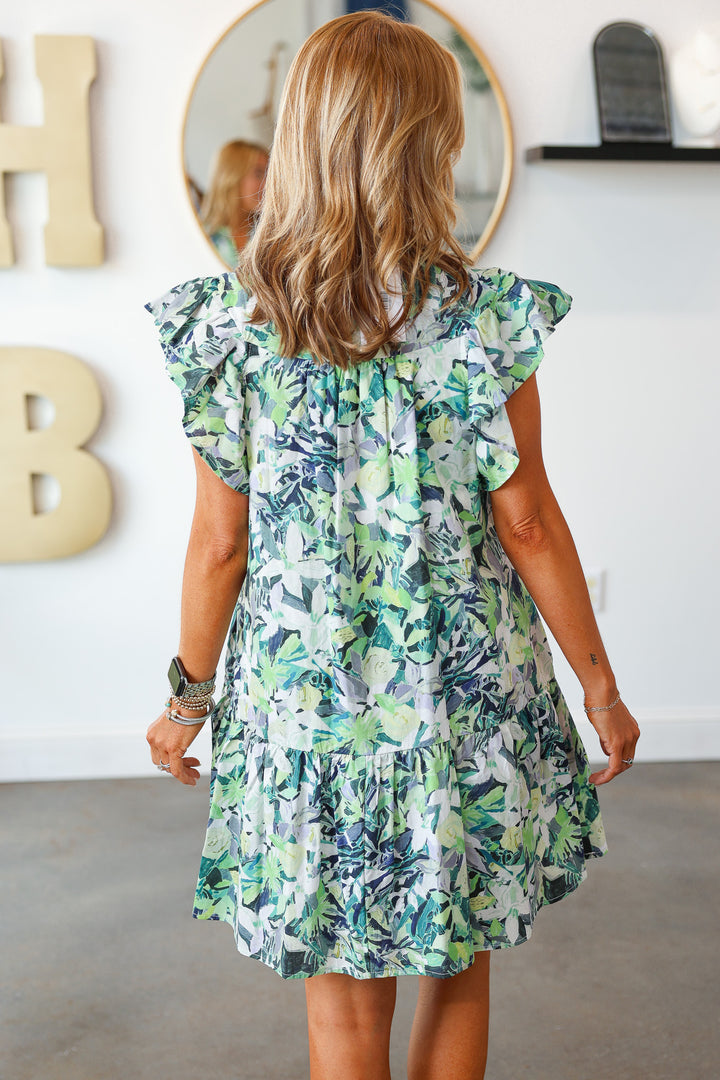 Flutter Sleeve Floral Dress - Green